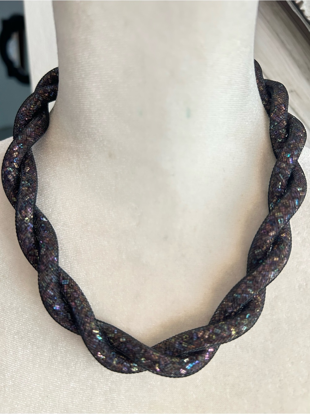 Purple crystal filled mesh braided necklace